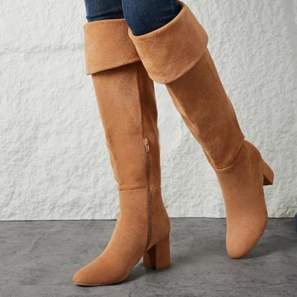Putu Boots Block Heel Over the Knee Faux Suede Tall Tan Light Brown Size 8.5 - Picture 3 of 11